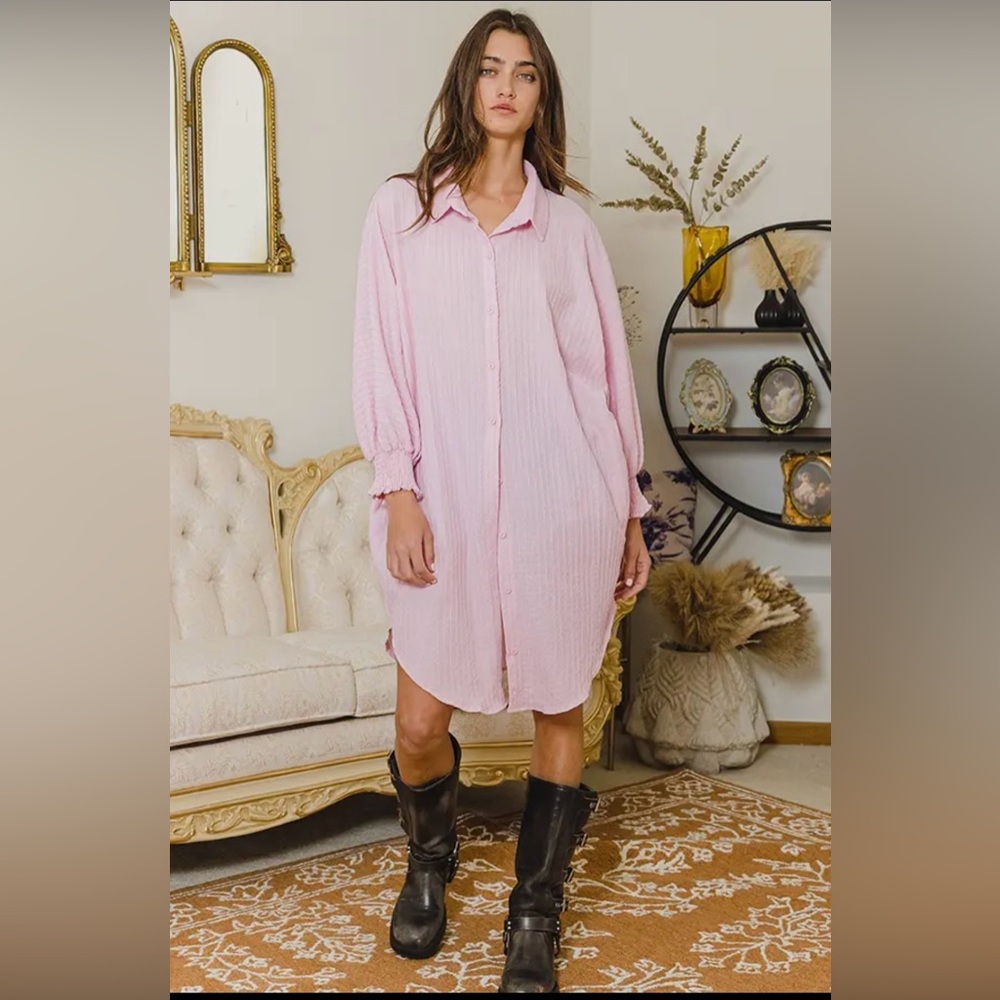 BUCKETLIST Blush Pink Button-Front Long Sleeve Shirt Dress